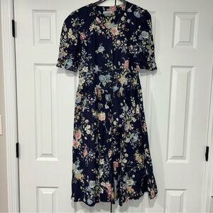 Vintage Willow Ridge Navy Blue Floral Midi Dress Size 12P Cotton Made USA
